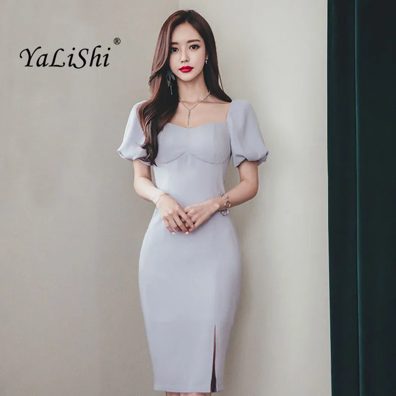 Summer Solid Bandage Bodycon Midi Pencil Dress Women Short Lantern Sleeve V Neck( Vintage Party Elegant Office Dresses | Женская одежда