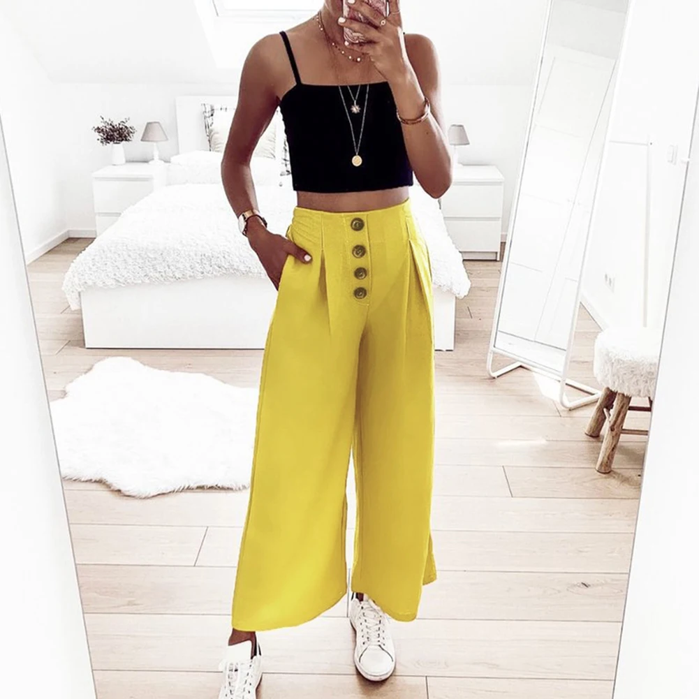 Модные женские брюки палаццо с высокой талией и кнопками свободные широкие
