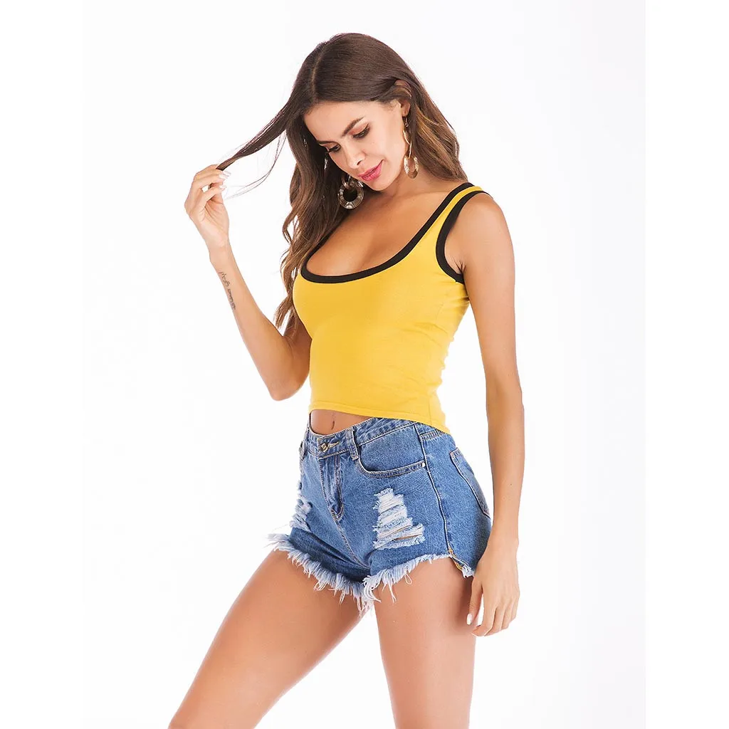 Женский летний однотонный спортивный топ с круглым вырезом без рукавов Короткие