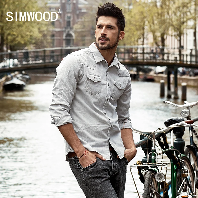 SIMWOOD 2019 новые весенние джинсовые рубашки для мужчин карман Slim Fit с длинным рукавом