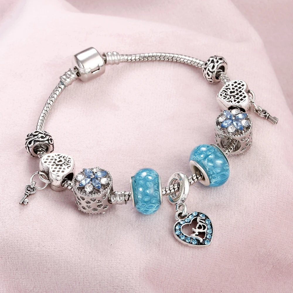 

Luxury Crystal Beaded Charm Bracelets&Bangle Snake Chain Heart Net Pendant Bracelet For Women DIY Bead Handmade Pulseira Jewelry