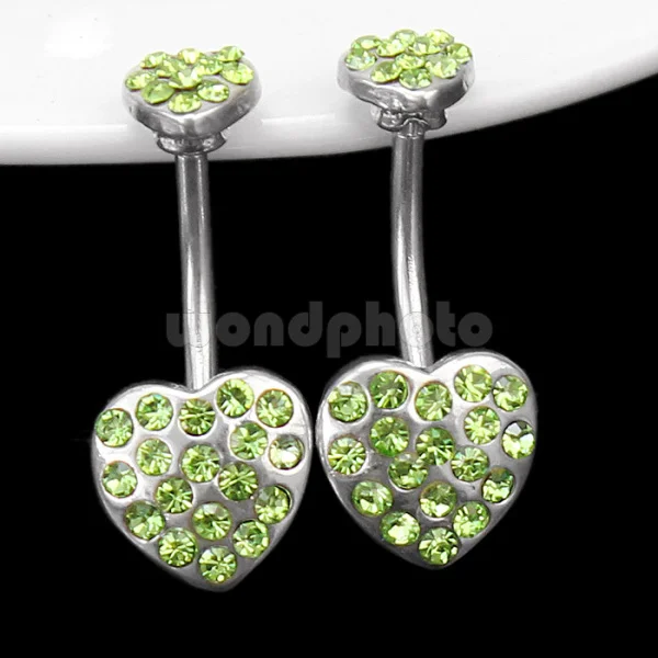 Refaxi 2x Belly Navel Button Green Heart Shape Ring Crystal Rhineston Stainless Steel | Украшения и аксессуары
