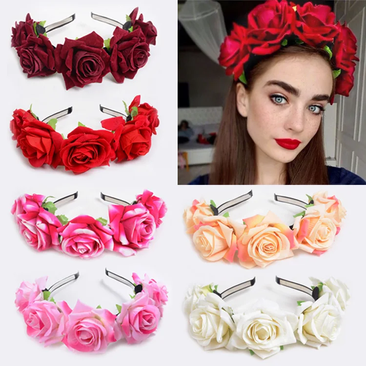 Boho Bridal Flower Crown Headwear for Women and Girls - Red Rose Wedding Wreath Floral Garlands with Bridesmaid Hairband Accessories image 3