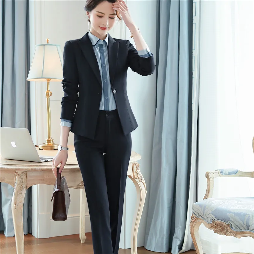 black pant suits Женский деловой костюм, Офисная форма, деловые костюмы со штанами, Женский комплект из 2 предметов, пиджак, брюки, Осень-зима, большой 4XL XL - Цвет: black pant suits