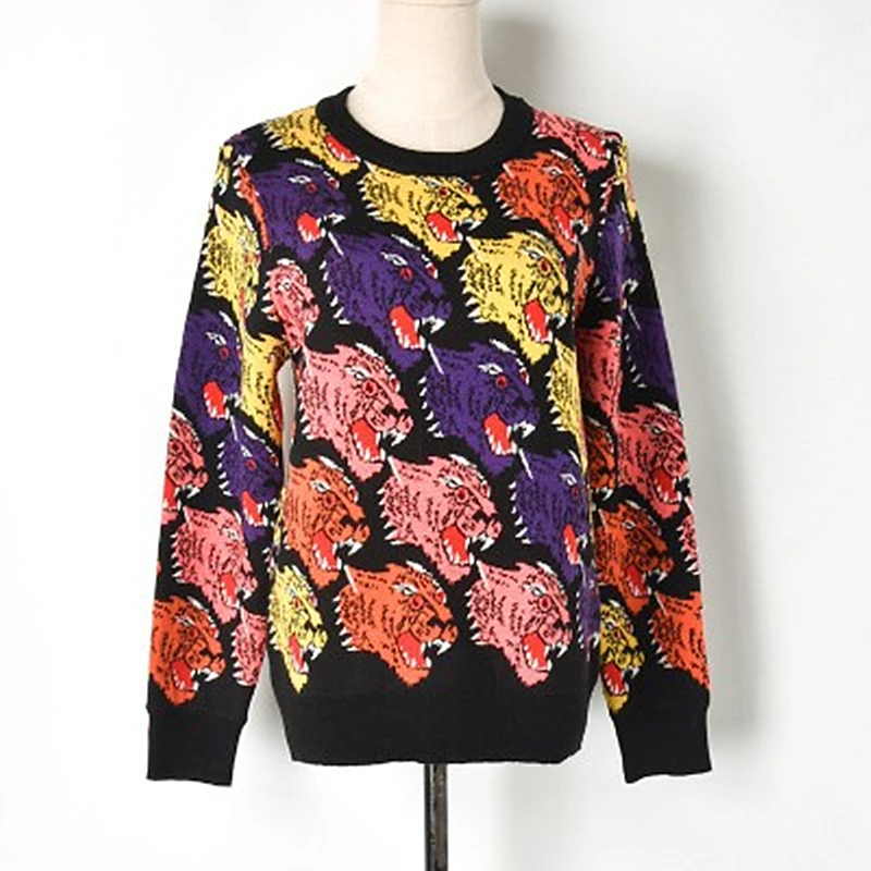 2018 New European And American Style Multicolor Tiger Head Knitted Sweater Straight Round Neck Female Thick Section | Женская одежда