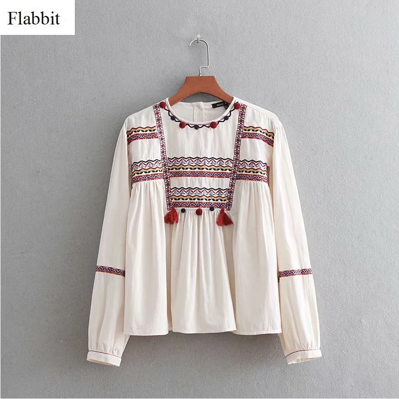 Flabbit Женская Винтажная с круглым вырезом геометрическая вышивка этническое