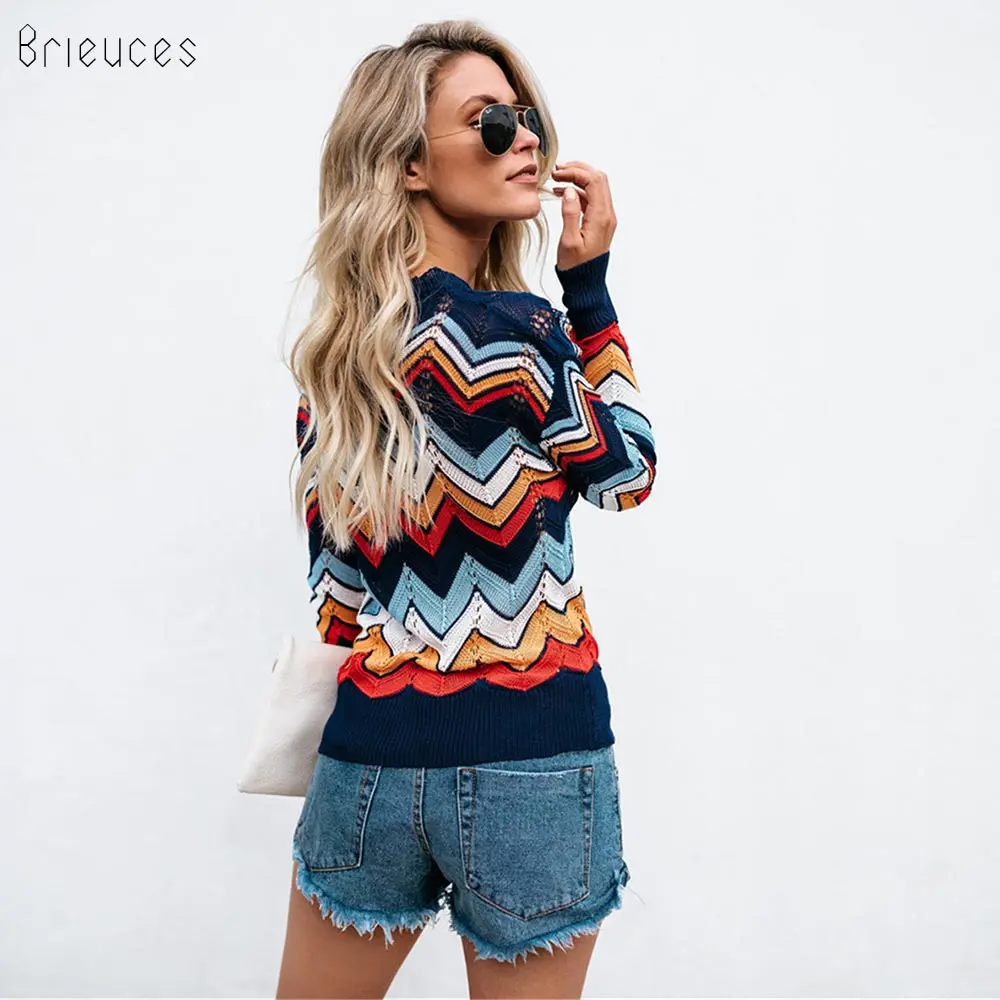 Brieuces autumn winter knitted sweater pullover Women loose full sleeve hollow Runway rainbow sweet Sweater street star | Женская одежда