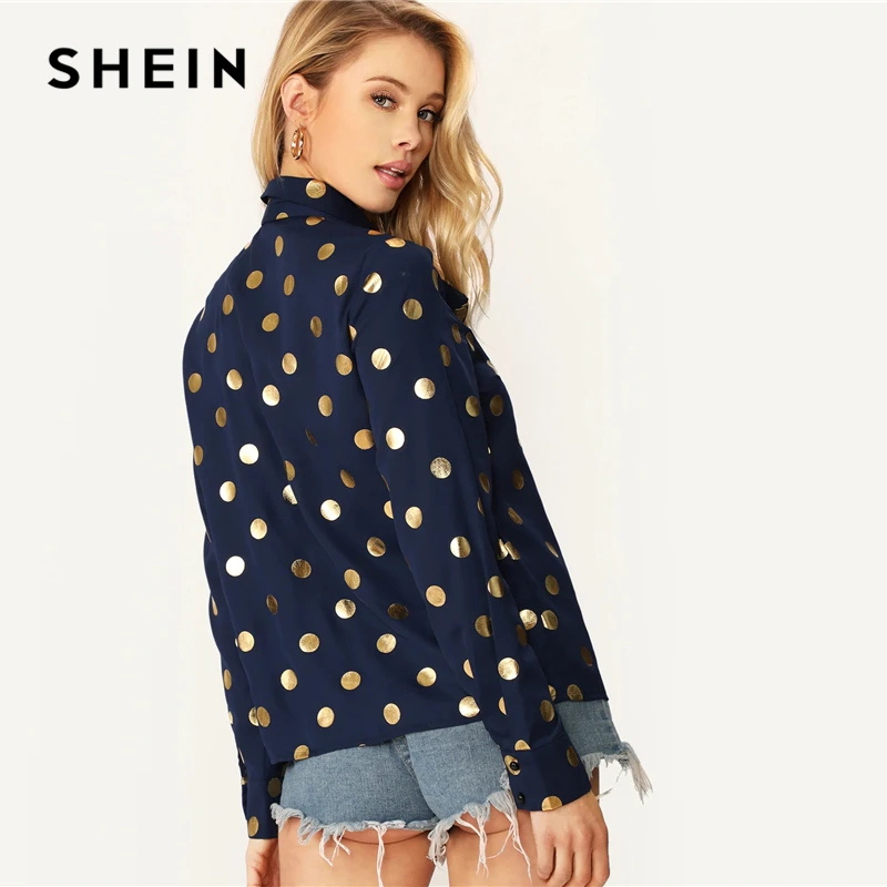 SHEIN стильный темно-синий однобортный Топ в горошек с завязками на шее, блуза с длинным рукавом для женщин, весна-осень, элегантные офисные женские блузки