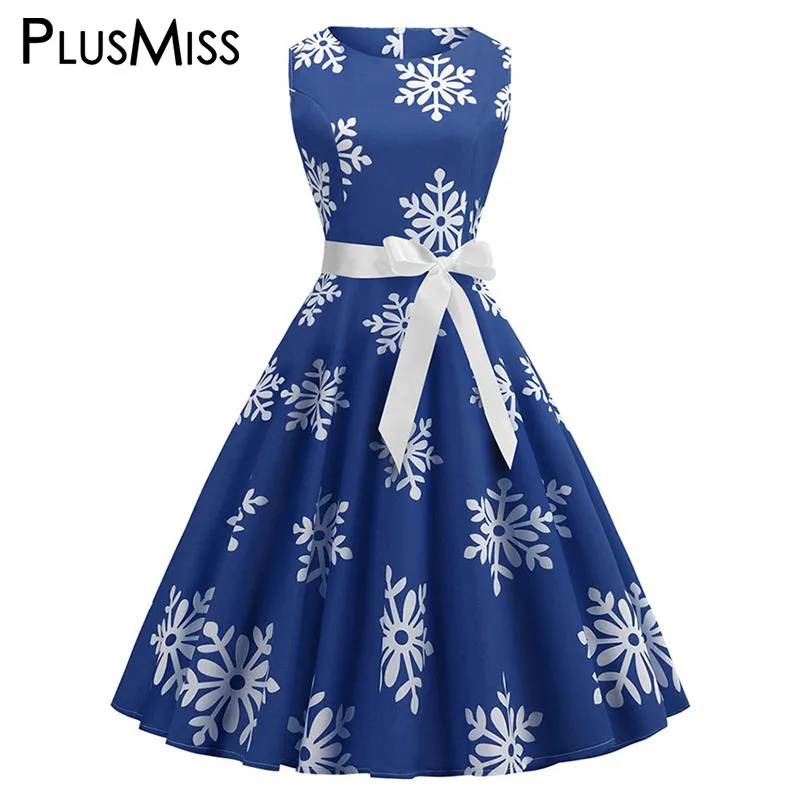 Синий PlusMiss размера плюс XXXXL XXXL XXL Рождественская Снежинка Платья для вечеринок женские большие размеры без рукавов Винтаж платье с пышной юбкой - Цвет: Синий