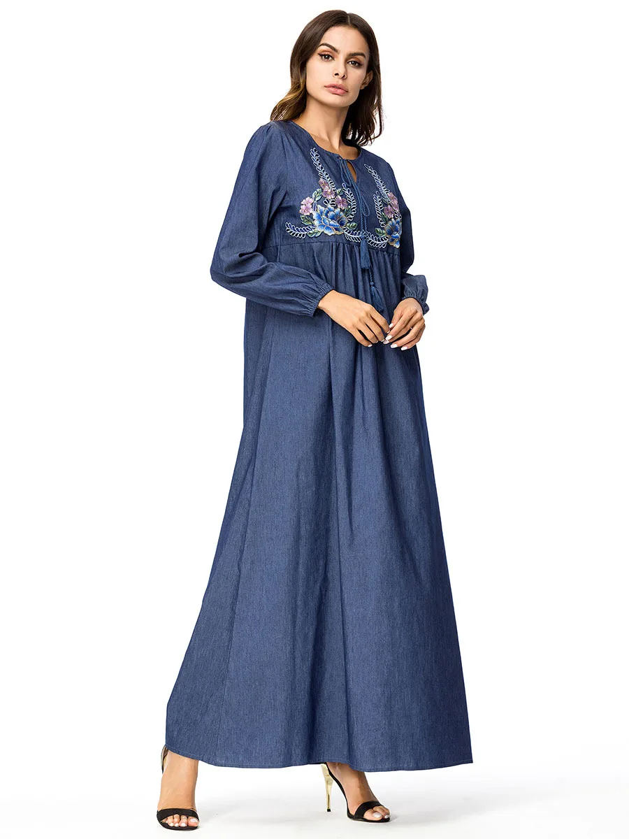 Мусульманское платье abaya для женщин большие размеры Цветочная вышивка Осень зима