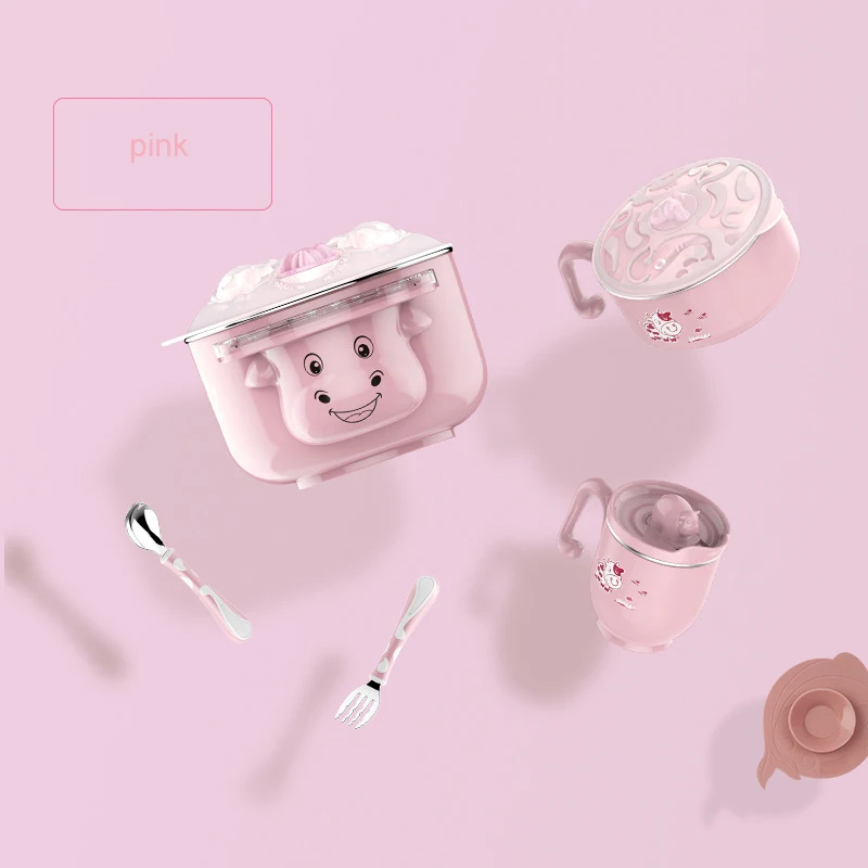 pink 6pcs Набор детской посуды, детская посуда из нержавеющей стали для кормления, Изолированная ложка на присоске, вилка, чашка, сохраняющая тепло, анти-Горячая тренировочная миска - Цвет: pink 6pcs
