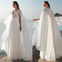 fashionable chiffon v neck neckline a line wedding dress with beaded lace appliques bridal dress with cloak vestido de formatura