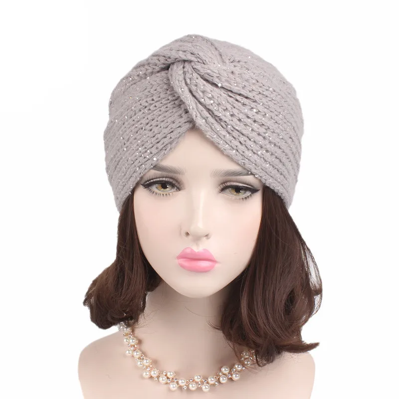 Muslim Full Star Drill Winter Hat Warm Cross Knit Cap Beanie Sleep Chemo Turban Headwear Cancer Patients