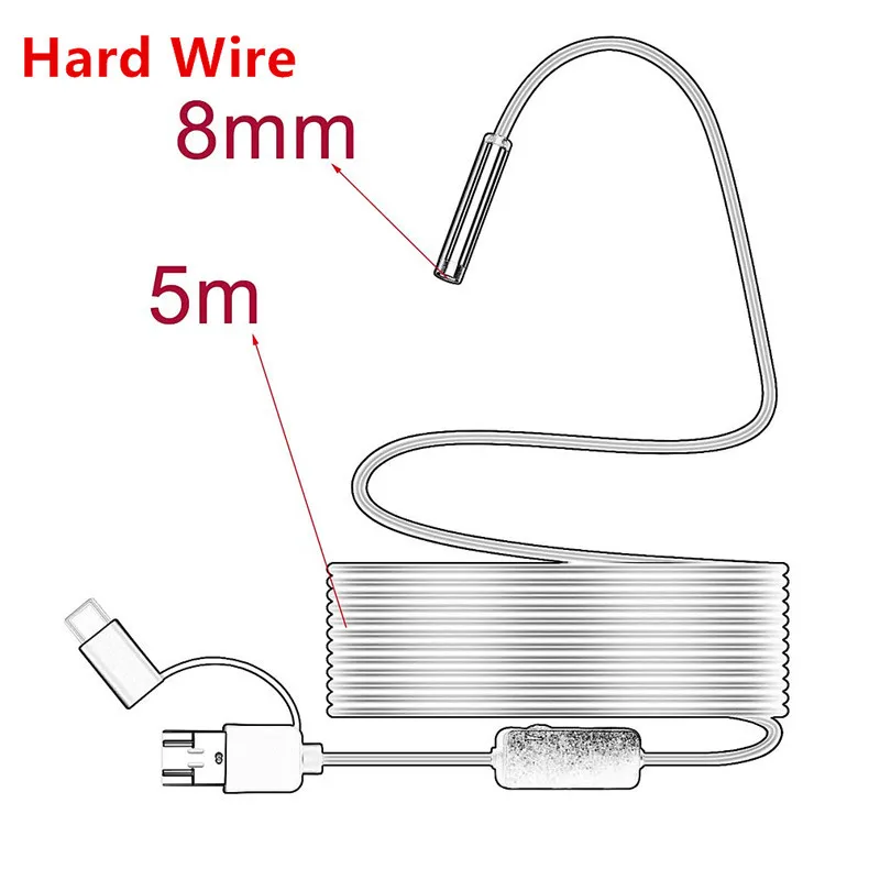 5M Hard Cable 3в1 мини камера эндоскоп HD 1200P IP68 Жесткая гибкая трубка Змеиный бороскоп видео осмотр для ПК Android автомобильный эндоскоп 2 м - Цвет: 5M Hard Cable
