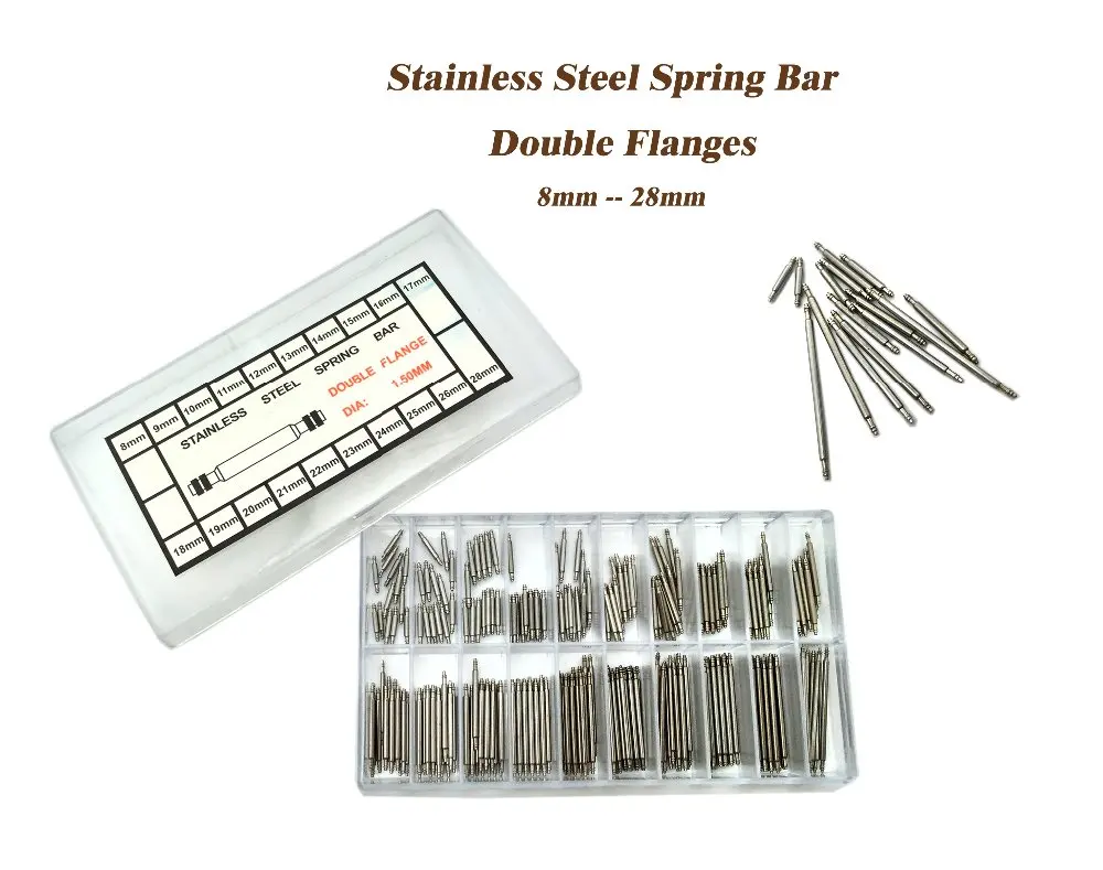 

300 pcs Stainless Steel Double Flanges 8-28mm Watch Band Spring Bars Strap Link Pins Tool Deal for Watchmaker