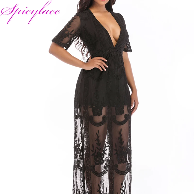 Женское кружевное платье макси с глубоким v образным вырезом богемное длинное