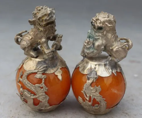 decoration white Copper silver factory A Pair Chinese Tibetan Silver Dragon Phoenix Artificial Amber Foo Fu Dog Lion Statues