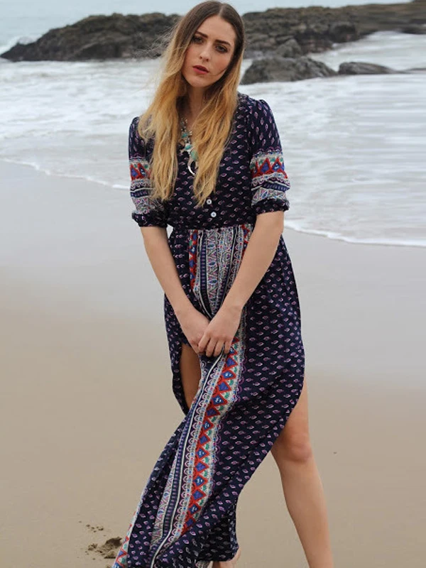 Новые женские повседневные летние платья Boho Длинное Макси вечернее платье с v-образным вырезом пляжное платье сарафан с коротким рукавом