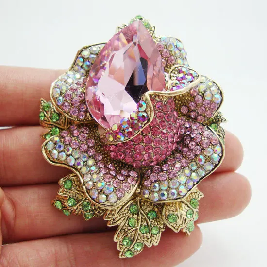 Fashion Jewelry Pretty Pink Rhinestone Crystal Rose Flower Pendant Brooch Pin |