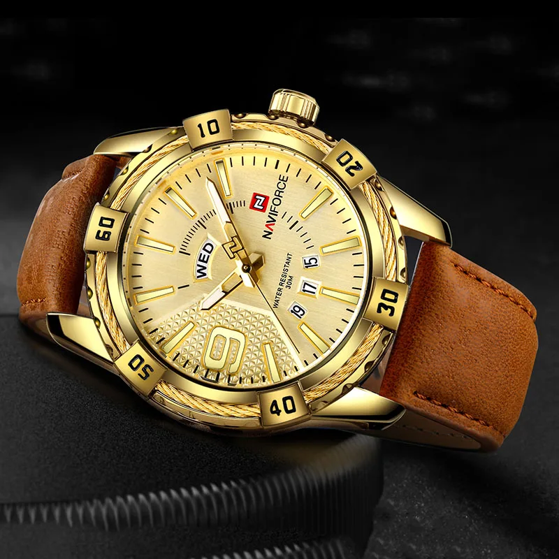 Gold Gold L NAVIFORCE мужские часы с синим циферблатом из нержавеющей стали водонепроницаемые мужские часы Роскошные деловые аналоговые кварцевые мужские часы модные - Цвет: Gold Gold L