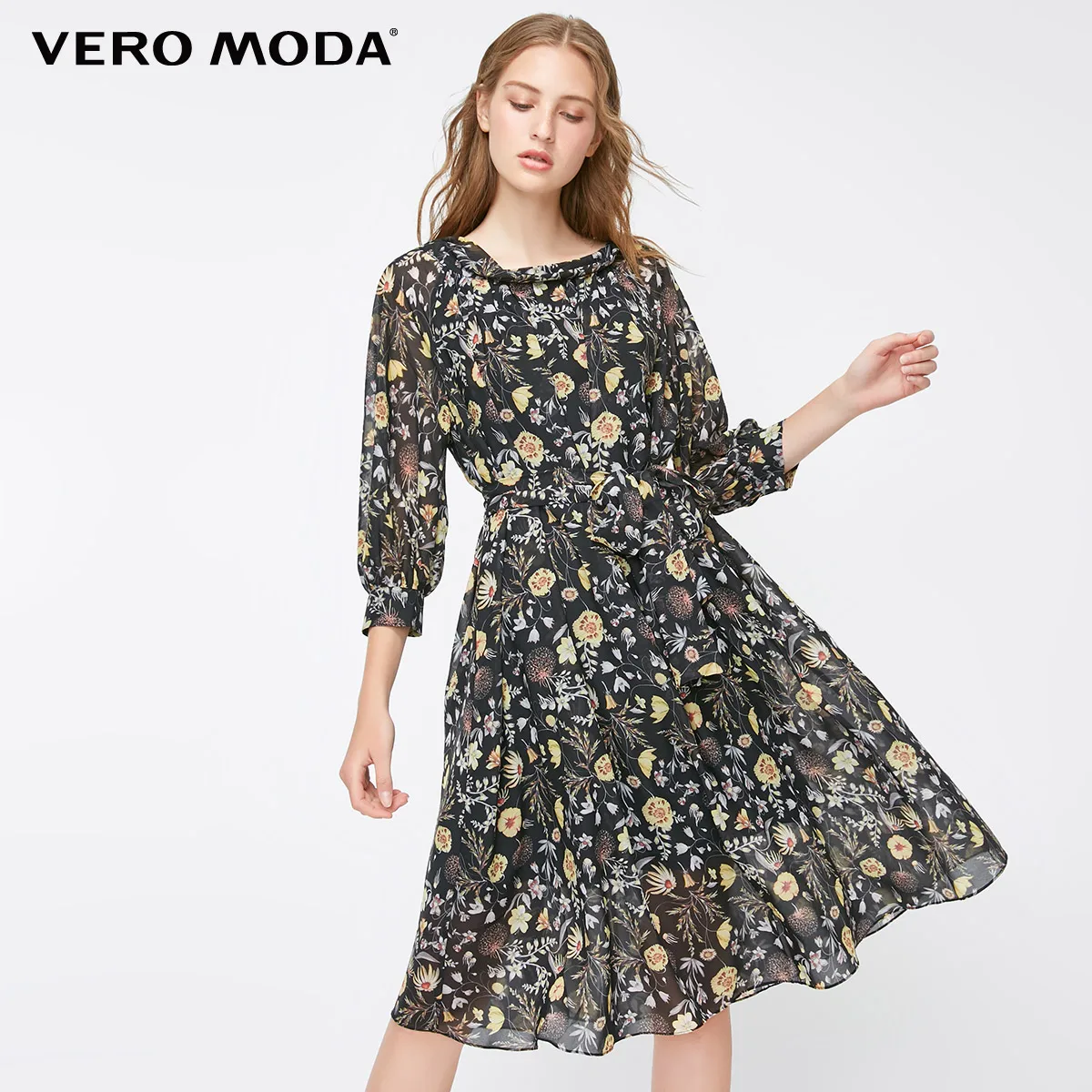 Vero Moda New Women's Low-cut Round Neckline Balloon 3/4 Sleeves Printed Chiffon Dress | 31837C515 - Цвет: Black