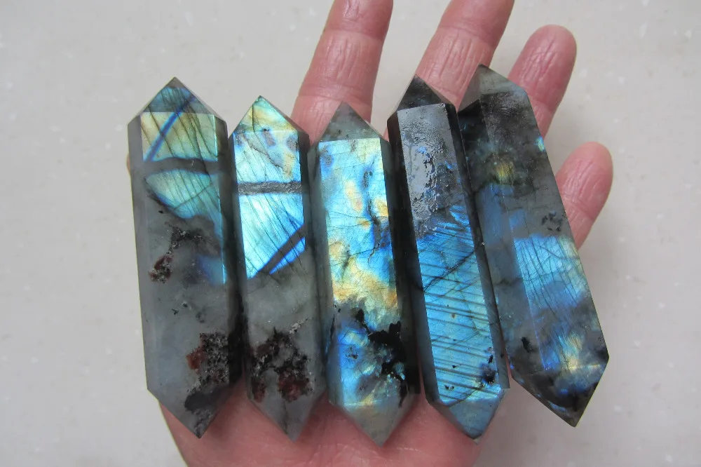 

5pcs NATURAL Labradorite Crystal dt wand POINT Orb Gem Excellent light 265.5g