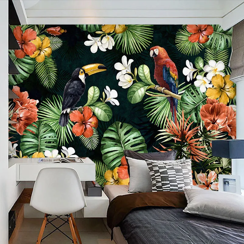 

beibehang Custom Mural Wallpaper Painting Pastoral Parrot Tropical Rain forest Plant Cartoon Living Room TV Backdrop Wall Papers