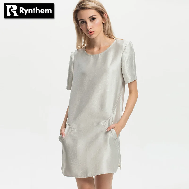 Rynthem Для женщин модные осенние платья с короткими рукавами карманов круглым