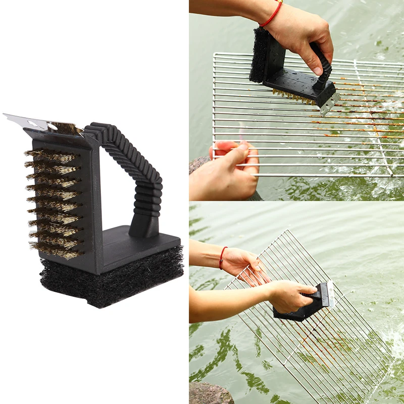 Family Barbecue Grill Cleaner Brush 3-in-1 BBQ Cleaning Brush Steel Wire Sponge Shovel Kitchen Set Outdoor Home BBQ Accessories