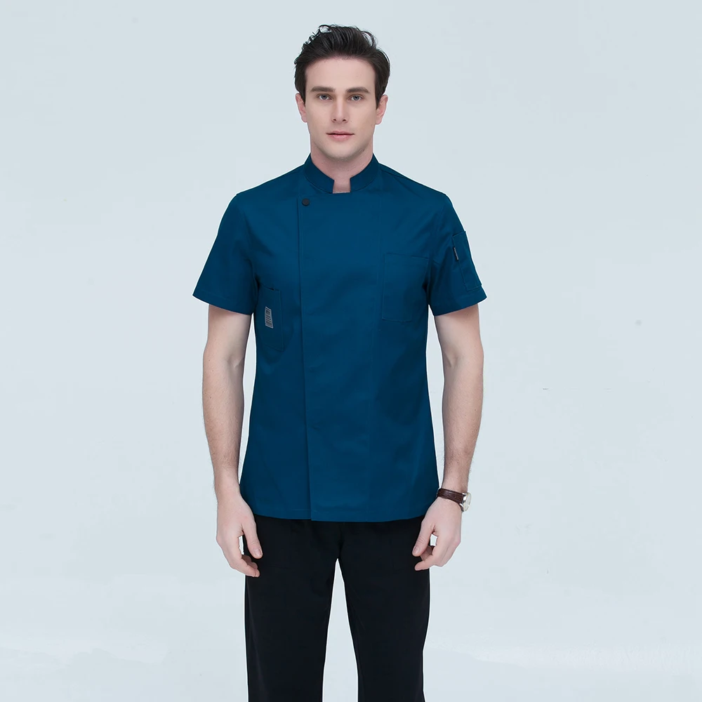 4 цвета, M-4XL,, женская и Мужская Рабочая одежда с коротким рукавом для кухни, высокое качество, куртка шеф-повара, Ресторан общественного питания, форма пекаря - Цвет: Blue