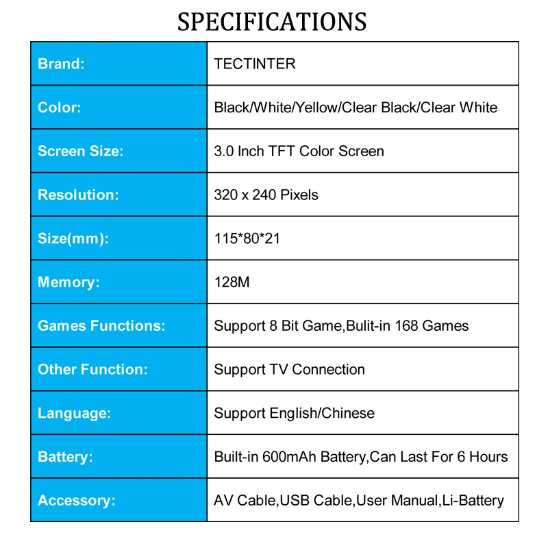 

Built-in 168 Games Retro Portable Mini Handheld Game Console 3.0 Inch Color LCD Kids Color Game Player Built-in Lithium Battery