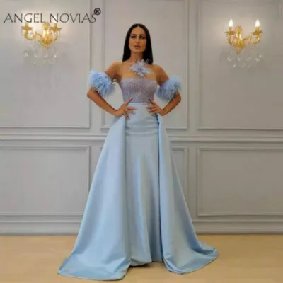 Небесно-голубой ANGEL NOVIAS Длинные атласные светло-голубые Саудовская арабские вечерние платья со съемной юбкой Avondjurken индивидуальный заказ - Цвет: Небесно-голубой