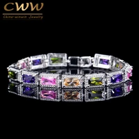 cwwzircons fashion women wedding wristband silver color princess cut square cubic zirconia crystal multi color bracelet cb097