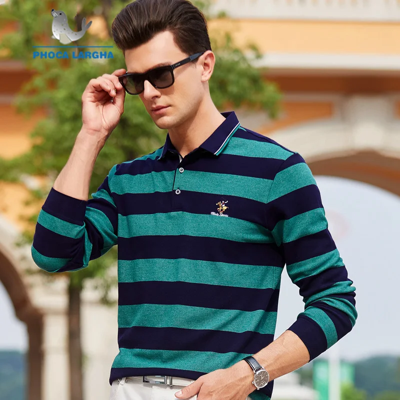 New Men's Polo Shirts 3D Embroidery High Quality Tops For Man Long Sleeve Striped Business Casual Brand Polos para hombre | Мужская
