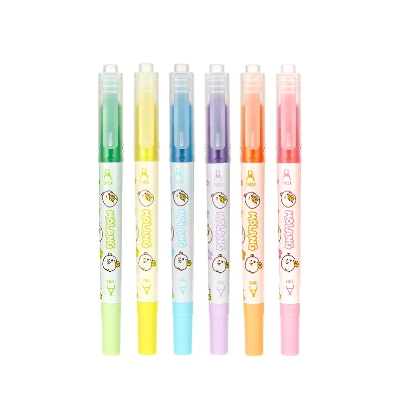 6 шт. Kawaii Molang Цвет Маркер, фломастер два боковых габаритных мультфильм канцелярские принадлежности Школьные FB007