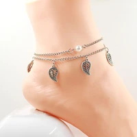 bohemian style leaves charms anklet pearl bead anklet two layers anklet foot bracelt body jewelry for women ank1003