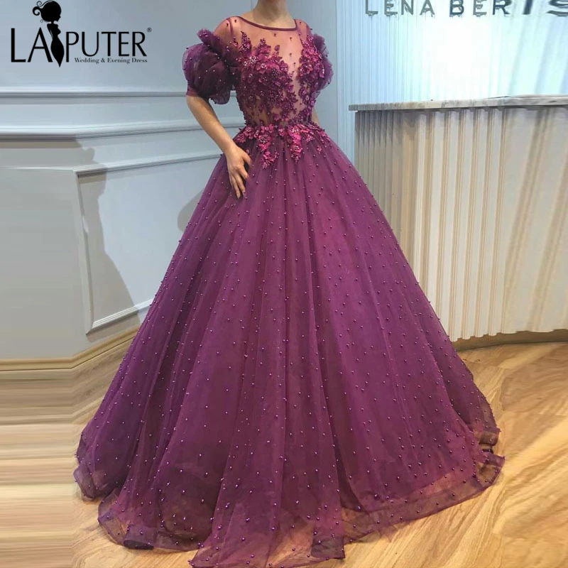 Laiputer 2018 бальное праздничное платье для женщина пузырь рукава Жемчуг и цветок