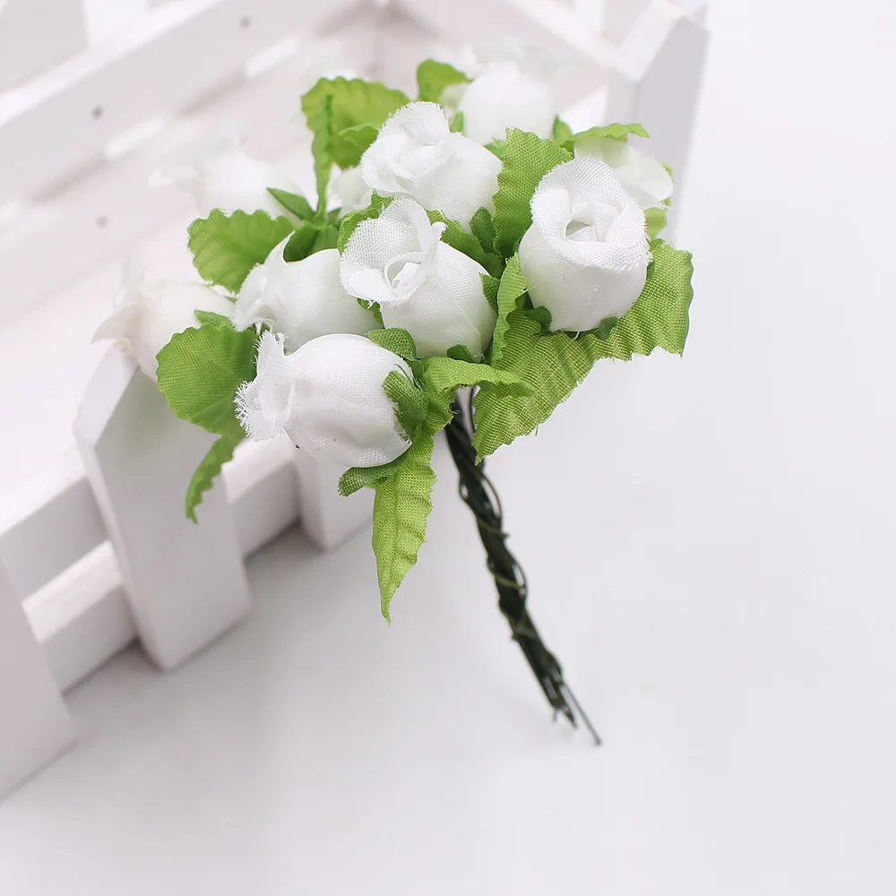 White Green 12 шт./лот, шелковые искусственные цветы, мини букет из роз для свадьбы, украшение дома, открытка, подарок, сделай сам, венок, скрапбукинг, высокое качество - Цвет: White Green