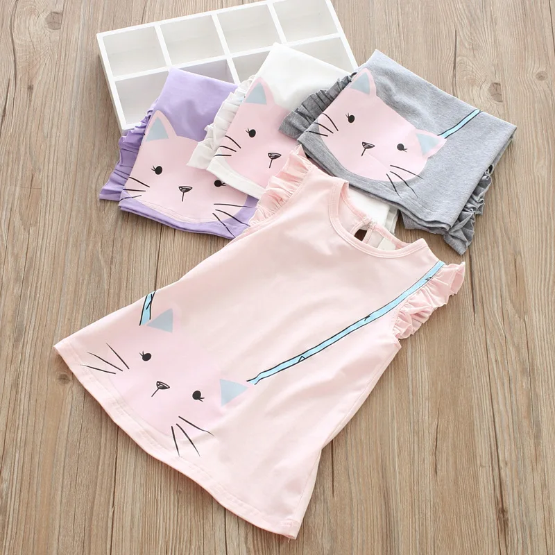 Summer children's wear wholesale girls cartoon big face cat backpack printed dress small flying sleeves cotton | Детская одежда и