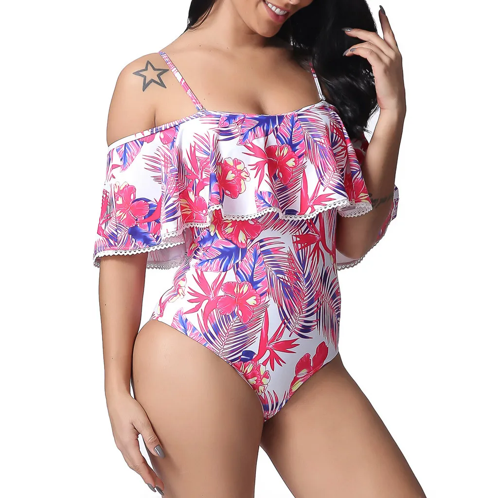 Модный женский слитный купальник с рюшами и оборками цветочным принтом