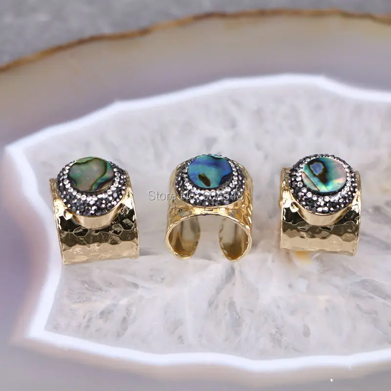 5 шт. широкие кольца золотого цвета с натуральным абалоновым покрытием и стразами