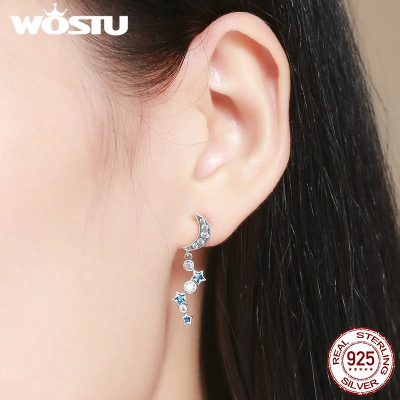 WOSTU 100% 925 стерлингового серебра замечательный Ночная Луна и серьги-гвоздики