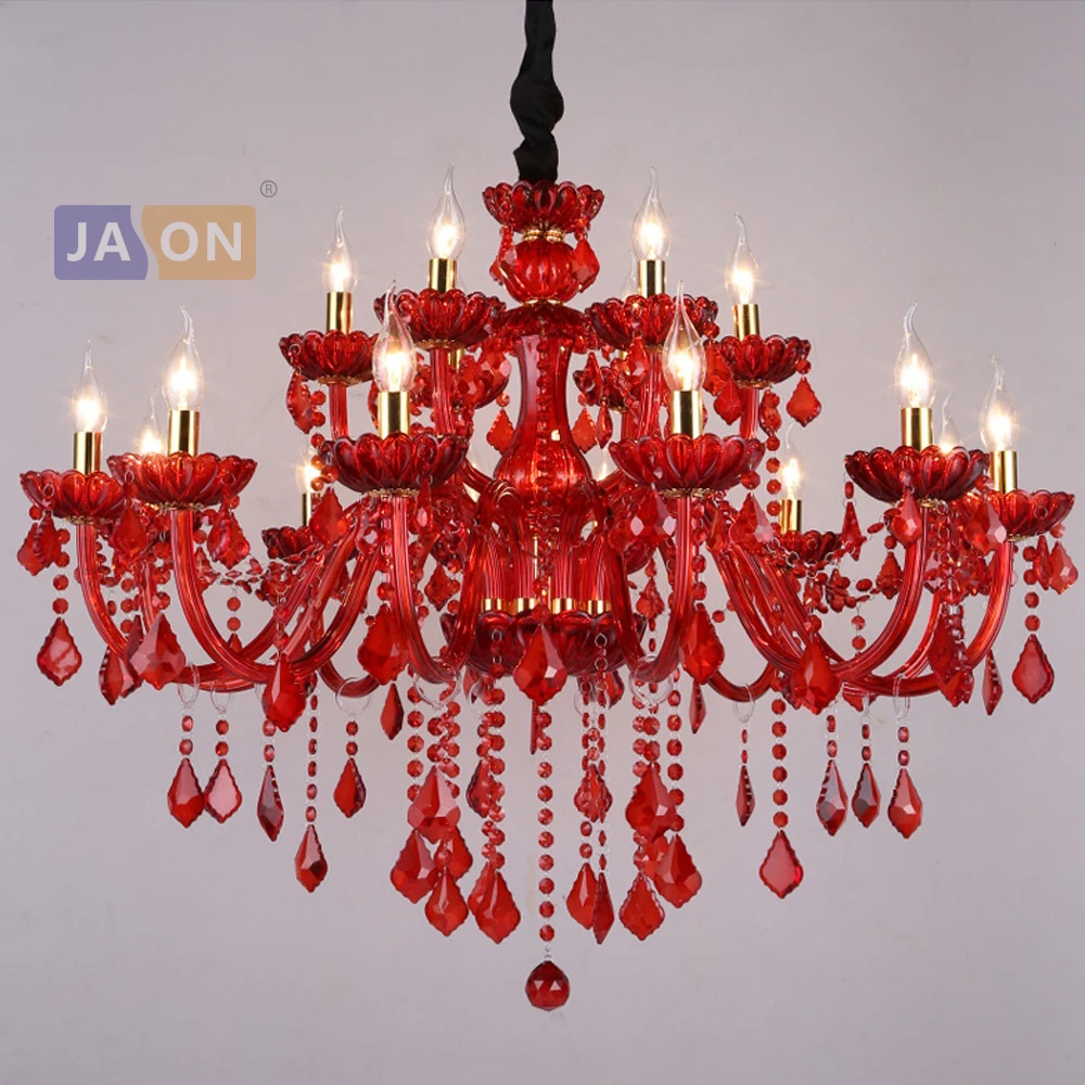 

led e14 European Iron Crystal Glass Fabric Red Chandelier Lighting Lamparas De Techo Suspension Luminaire Lampen For Foyer