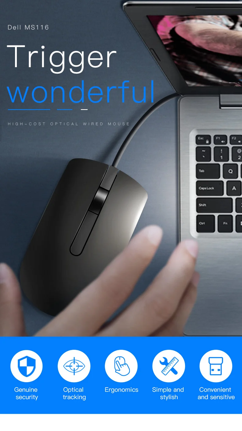 Dell MS116 кабель для мыши для компьютера, настольного офиса, все-в-одном ноутбук, домашняя мышь черный/белый с USB