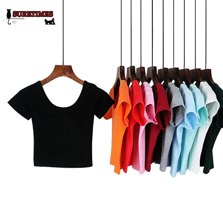 Женский короткий топ с U образным вырезом футболка коротким рукавом базовая