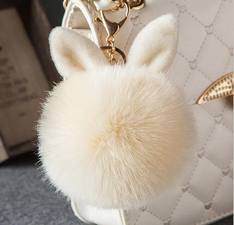 Пушистый помпон Porte Clef Pompom De Fourrure для женщин, брелок с помпонами, меховыми ушками кролика - Цвет: Beige
