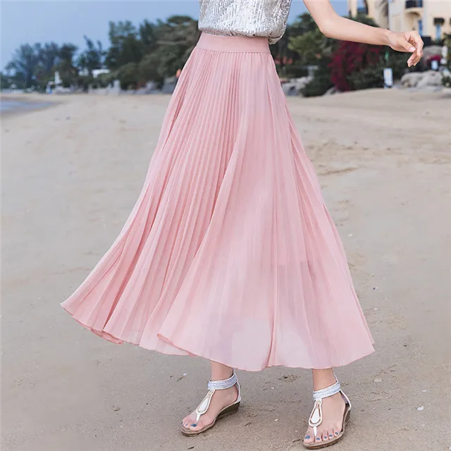C2 Summer Long Skirts Womens High Waist Vintage Boho Pleated Skirts Solid Color Chiffon Beach Maxi Skirt For Women Saia Faldas - Цвет: C2