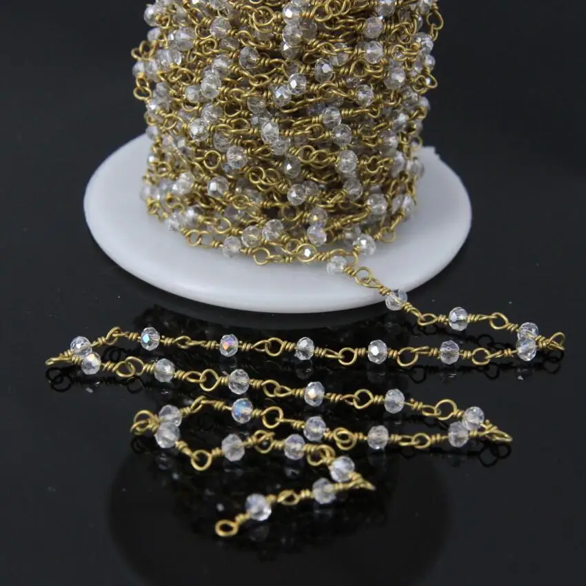 

Rainbow Titanium Clear Crystal Glass Beads Link Chain,2x3mm AB Glass Faceted Rondelle Brass Wire Wrapped Rosary Chain