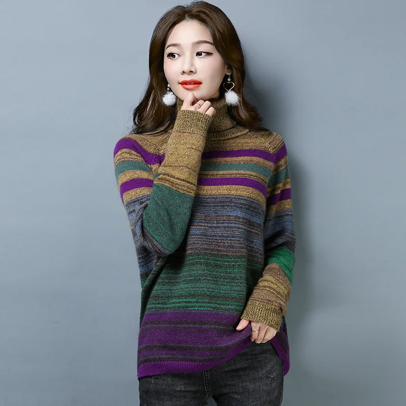 

Autumn Striped Patchwork Colors Pullovers Slim Sweaters Women knitted High Neck Pullover Sweater Female Tops