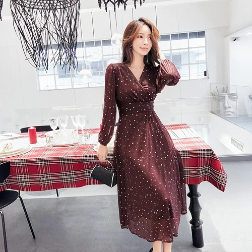 Элегантное женское платье с v образным вырезом в горошек тонкая талия длинный